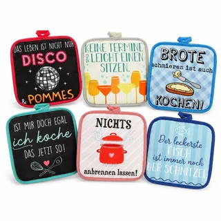 MIJOMA Topflappen 6er Set – 18 x 18 cm – lustige Küchensprüche | 6 Designs sortiert – je 1 Motiv – ca. 18 x 18 cm – außen Polyester, Füllung Baumwolle – mit Aufhängeschlaufe