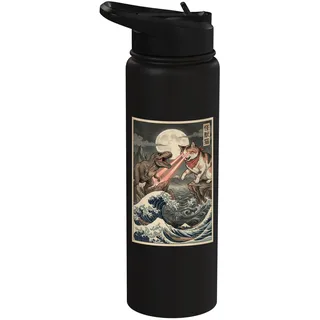 Cat vs T-Rex Japanische Great Wave Japan Manga Art Stainless Steel Insulated Water Bottle
