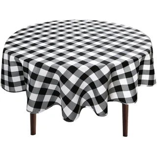 Hiasan Karierte runde Tischdecke, 152,4 cm, wasserdicht, schmutz- und knitterarm, waschbar, Stoff, Tischdecke für Esszimmer, Party, Outdoor, Picknick, Schwarz und Weiß