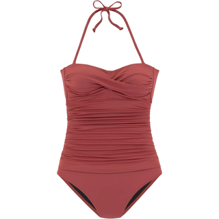 Badeanzug LASCANA, Damen, Gr. 38, Cup D, rot (rostrot), Microfaser, Polyamid, unifarben, Badeanzüge Badeanzug, in Bandeau-Optik