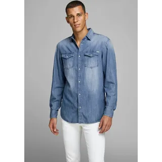 Jeanshemd JACK & JONES "JJESHERIDAN im Workwear-Stil mit robuster Baumwollqualität", Herren, Gr. L, N-Gr, blau (medium blau denim), Web, Obermaterial: 100% Baumwolle, schmal, Hemden Jeanshemd, unifarben, modisch, slim fit, Baumwolle, Hemdkragen, Topseller