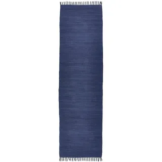 THEKO Dhurry | Fleckerl | Flachgewebe-Teppich aus 100% Baumwolle; handgewebt, waschbar, beidseitig verwendbar | 70 x 250 cm; Blau | Happy Cotton