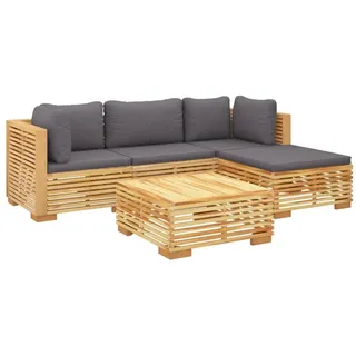 5-tlg. Garten-Lounge-Set mit Kissen Massivholz Teak - Braun, Dunkelgrau