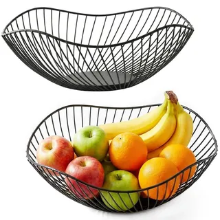 QiMan 2 Stück Obstschale Modern, Obstschale Schwarz Rutschfest, Starke Tragfähigkeit,Obstschales Metall für Obst, Gemüse, Snack,Kleinigkeiten, Dekoration