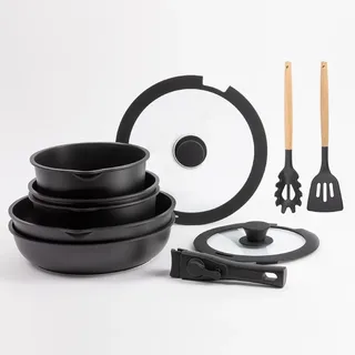 BERGNER - Set 10 PZS Schwarzes Easy Click Kochgeschirr - Pfannen und Töpfe mit schwarzer Antihaftbeschichtung - Inklusive Deckel und Utensilien - Abnehmbarer Griff