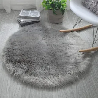 HARESLE Flauschiger Runder Teppich 120cm Grau Teppiche für Wohnzimmer | Flauschig, Zottelig, Hochflor, Kunstwildleder, Rutschfeste, für Wohnzimmer, Schlafzimmer, Kinderzimmer, Babyzimmer