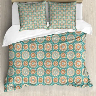 ABAKUHAUS Lotus Bettbezugs Set Für Doppelbetten, Orientalisches Mandalamuster, Milbensicher Allergiker geeignet mit Kissenbezügen, Hellblau Beige Pfirsich - Beige