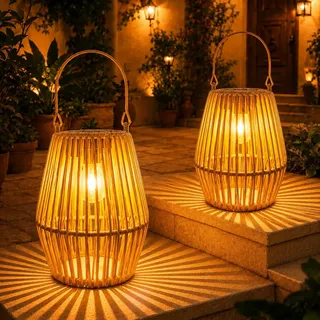 Shengruili 2 Stück Solar Laternen für Außen,Rattan Solar Laternen Hängend/Stehend,Solarlampen in Rattan Boho Stil,Dekorative Solarleuchte für Garten, Balkon & Terrasse