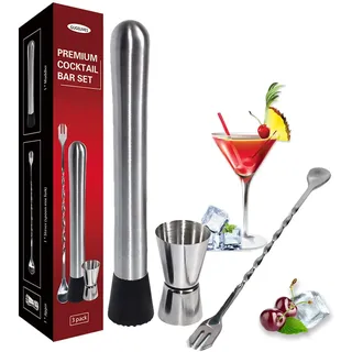 Professionelles Barzubehör, Bar-Set mit Mojito-Stößel, langlebiger Stößel, Edelstahl-Stößel, Bar-Tools, Cocktail-Stößel, Löffelmischgabel, Messbecher, 3 Stück