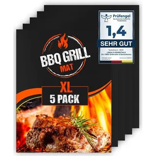 Linda's Essentials Große BBQ Grillmatte für Gasgrill, Elektro und Holzkohle (5er Pack) - Wiederverwendbare, hitzebeständige Grillmatten für Holzkohle, Teflon Grillmatte, 50 x 40cm (Black)