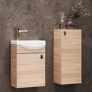 Badmöbel Set Waschtisch mit Unterschrank 40 x 60 x 29 cm mit Midischrank 32 x 75 x 23 cm für Badezimmer, Gäste WC & Bad, Sonoma Eiche - Braun
