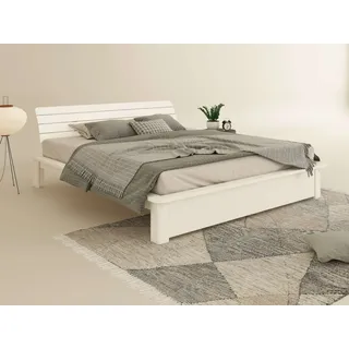 Home affaire Massivholzbett "Antri, Futonbett, ergonomisch geformtes Kopfteil, stilvolles Design" Rahmen zur Ablage von Smartphone, mit Lattenrost, Bettkasten optional, weiß
