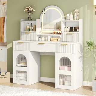 Okwish Schminktisch mit LED Spiegel 3 Schubladen Ablagen Schlafzimmer 120x40x139 cm Weiß