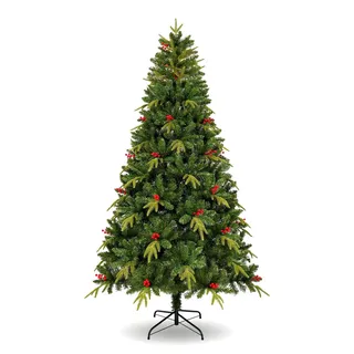 Uten Künstlicher Weihnachtsbaum 180 cm, Realistischen PE Innendekoration Tannenbaum mit 31 Gruppen Roten Beeren, PE & PVC 950 Natürlich Aussehend Spitzen, Aufklappbare Zweige, Wiederverwendbar