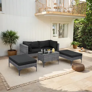 FCH 5-teiliges Gartenmöbel-Set,Loungeset Rattan Lounge,Rattan Balkonmöbel-Set,Stabiles Gestell aus leichtem und rostfreiem Aluminium