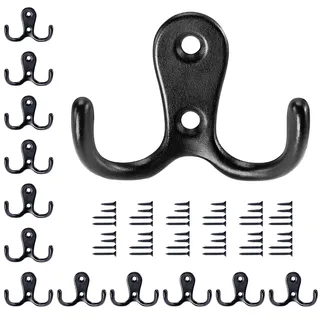 Gorffy Kleiderhaken Schwarz, 12 Stück Garderobenhaken Vintage mit Schrauben, Metall Doppelhaken Wandhaken, Kleiderhaken Wand für Bad, Küche (Schwarz, 12 Stück)