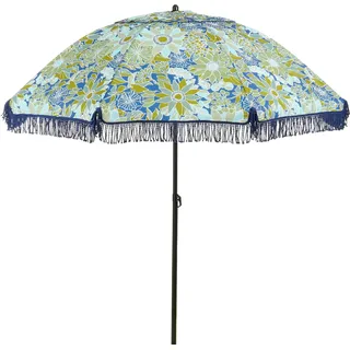 Mica Decorations Sonnenschirm Floral Ø220 cm - Sonnenschirme – Gartenschirm & Strandschirm – Sonnenschutz – Parasol - Stockschirm - Blumen Design Blau Grün - Blau