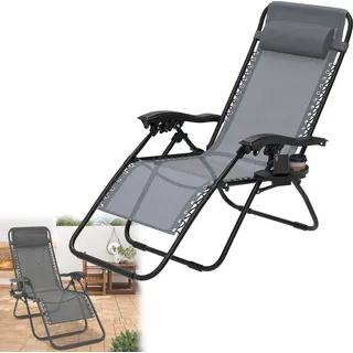 YUENFONG Liegestuhl Garten Sonnenliege Gartenliege Klappbar Leicht Klappliegestuhl Balkon Terrassen Liege Strandliege mit Kopfkissen Getränkehalter(Grau, 2 Stück) - Grau
