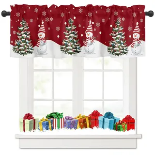 Tokusyou Weihnachten Scheibengardine Gardinen Deko Weihnachtsgardine Rot Vorhang Der Schneemann Weihnachtsbaum Schneeflocken Muster Blickdicht Bistrogardinen für Küche Fenster B 137 × H 45 cm