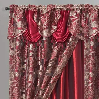 GOHD Royal Rose Voile-Jacquard-Fenstervorhang mit Raffung und Taftrückseite 2 Stück je 147,3 cm breit x 213,4 cm lang + 45,7 cm Volant, Weinrot