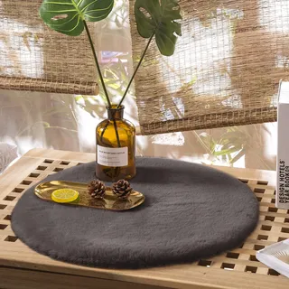 Teppich Wölkchen Fell Rund, Fellteppich Rund, Kunstfell Teppich Waschbar, Hasenfell, Kaninchenfell - Flauschiger Teppich Wohnzimmer, Bettvorleger Schlafzimmer - Dunkelgrau - Rund 30cm