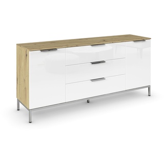 Rauch Möbel Flipp, Sideboard, TV-Schrank, Kommode mit Stauraum, mit Metallkufe chrom, Eiche Artisan/Glasfront Weiß, Holz, 2-türig, Glastüren, 3 Schubladen, Griffe chrom, 160x72x42cm