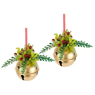 Weihnachts-Deko-Kugel mit Glöckchen aus Metall Gold dekoriert mit Zweigen roten Beeren & Dekoband – 2er Set, 20x13 cm – Festliche Weihnachtsdeko zum Hängen, Christbaum- & Tischdekoration