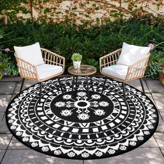Capslpad Outdoor Teppich Rund 180 cm, Wetterfest Vorzeltteppich Camping Teppiche, Kunststoff Picknickdecke, Leichtgewicht Outdoorteppich für Balkon Picknick Camping Garten Terrasse Strand RV, Schwarz