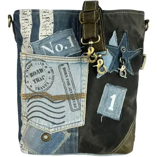 Sunsa Damen Tasche. Nachhaltige Umhängetasche. Handtasche aus recycelte Jeans, Canvas & Leder. Schultertasche Damentaschen in Vintage Stil. Crossover bag mit stern