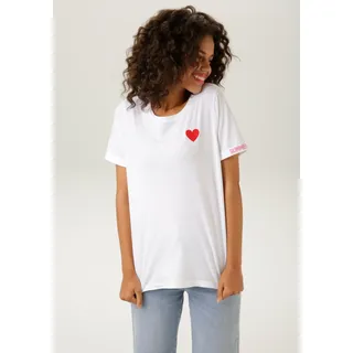 T-Shirt ANISTON CASUAL, Damen, Gr. 40/42, bunt (weiß, rot, pink), Single Jersey, Obermaterial: 100% Baumwolle, bedruckt, bestickt, lässig geschnitten hüftbedeckend, Rundhals, Umschlagbund, Shirts T-Shirt, mit Herz-Applikation und bedrucktem Rücken