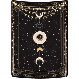 Yugarlibi Mondphasen Wandteppich Mysteriöser Konstellation Sternenhimmel Tarotkarten Wandbehang Ästhetische Retro Astrologie Wandkunst für Schlafzimmer Wohnzimmer Schwarz 210x150cm