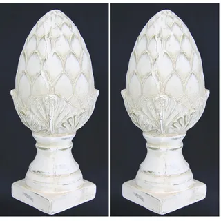 Dekoobjekt Zapfen dekorativer Pinien-Zapfen Deko-Zapfen auf Fuß Altweiß Creme in eleganter Shabby Landhaus-Optik Keramik-Zapfen Gartenfigur Geschenk Gartendeko Artischocke, 33 cm (Packung mit 2)