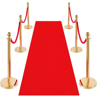 Vevor Absperrpfosten 6-teilig Personenleitsystem Set mit Rotem Teppich 8 m & 4 Roten Samtseilen 1,5 m Gold