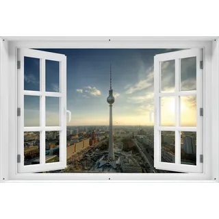 Wallario Outdoor-Poster für Garten oder Balkon 61 x 91,50 cm: Fernsehturm Berlin mit Panoramablick über die Stadt - Blau