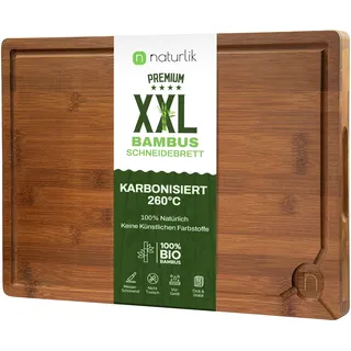 naturlik XXL Schneidebrett Karbonisiert 45x30cm - Großes Bambus Holzschneidebrett mit Saftrille & Griffen - Nachhaltiges Küchenbrett Holz für Fleisch, Gemüse, Käse & Brot - Messerschonend Vorgeölt