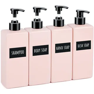 Segbeauty Seifenspender Küche, 4 Stück 500ml Duschgel Spender, Pumpspender Leere, Shampoo Spender für Dusche, Seifenspender Kunststoff mit Etiketten, Seifenspender Set (Rosa)