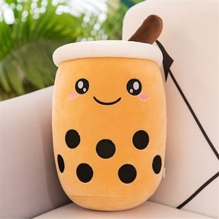 EXQULEG Bubble Tea Plüschtier Boba Kuscheltier Plüschpuppen Weiche Kuscheltier Tee Weiche Puppe Teetasse Kissen Kinderspielzeug (Braun-Runde Augen,25cm)