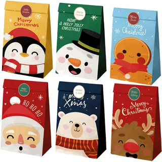 Dohe - Weihnachts-Geschenktüten (12 Stk.) - 12 Verschlussaufkleber, kleines Format 12x22 cm, 6 Designs, befüllbare Tüten für Partys, Geburtstage, Süßigkeiten, Kekse, Naschereien