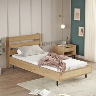 Einzelbett ‘Kvænangen’ mit Lattenrost 100 x 200 cm Eiche-/Rattan-Optik - Hellbraun