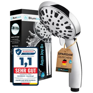 BLUMBACH® Duschkopf wassersparend - Hochdruck Duschkopf Aqua Joy - 8 Strahlarten, Duschbrause druckerhöhend, Brausekopf, Shower Head, wassersparender Sparduschkopf, hoher Wasserdruck starker Strahl