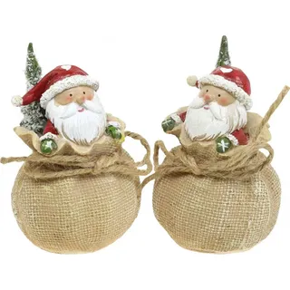 Weihnachtsdeko Figur Weihnachtsmann im Sack Tischdeko Advent Jute Optik handbemalt 8cm/13cm 2er Set, 2 Stück - Rot, Weiß, Grün, Braun