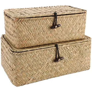 GBACHOOSE 2 Stück Aufbewahrungskorb aus Seegras, Aufbewahrungsbox mit Deckel, Korb mit Deckel, Aufbewahrungskorb mit Deckel, Rattan Korb für Kleidung, Bücher, Kosmetika, Badartikel (Groß + Klein)