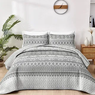 WONGS BEDDING Tagesdecke 220x240 Bettüberwurf Boho Decke Steppdecke 3 Teilig Doppelbett Gesteppt Bettdecke Mikrofaser Wohndecke mit 2 Kissenbezug 50x75 für Schlafzimmer als Sofaüberwurf (Grau)