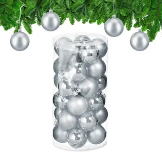 Relaxdays Weihnachtskugeln im 30er Set, Kunststoff, D: 6 cm, runde Weihnachtsbaumdeko, Baumschmuck bruchsicher, Silber