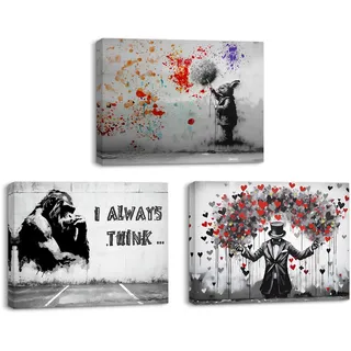 Piy Painting Leinwandbilder Denkende Orang-Utans Wandbilder Kunstdrücke auf Leinwand Wand Dekoration Graffiti-Stil Moderne Bilder mit Innenrahmen für Büro Home Deko 3 Paneele 40x30cm