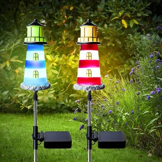 2 Stück Solar Leuchtturm, Leuchtturm Solarleuchten, Solarbetriebener Leuchtturm Solarleuchten Für Außen LED Solarlampen Wasserdicht Gartendeko Lichter Für Garten, Rasen, Terrasse 7 Lichtfarbwechsel