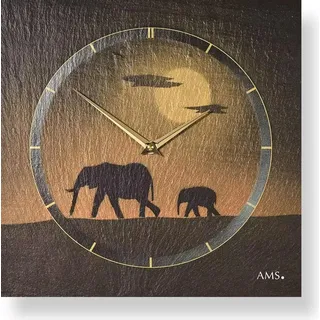 AMS 9523 Wanduhr Quarz Schiefer Naturschiefer Schieferuhr golden Elefanten