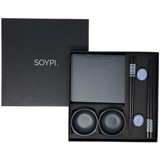 Soypi Sushi Set für 2 Personen - schwarzes, 10 teiliges Sushi Geschirr Set aus Essstäbchen, Schieferplatten, Ablagen, Schüsseln, geliefert in hochwertiger Geschenkbox als perfektes Paar Geschenk