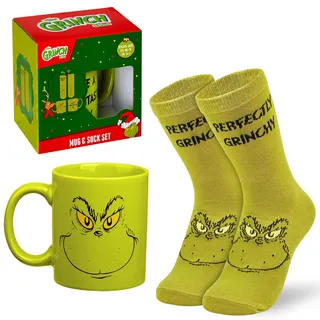 The Grinch Tassen-und Socken Geschenkset, 340ml Kaffeetasse und Socken mit Motiv für Frauen und Teenager