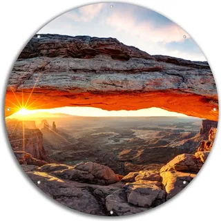 Wallario rundes Outdoor-Poster für Garten oder Balkon, Motiv Sonnenstrahl am Horizont Leuchtende Felsspalte, 60 cm Durchmesser - Braun